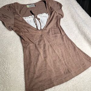 Elegant Brown V-Neck Blouse with White Detail